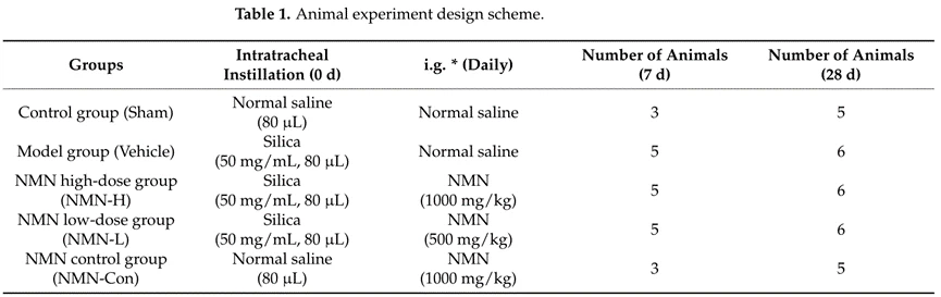 Table 1: Grouping of animal experiment designs