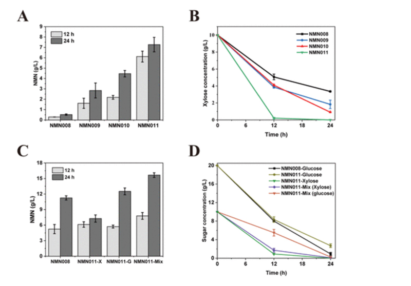 Enhancing xylose utilization to increase NMN yield